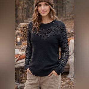 Halogen Sweater LARGE Black Lace Eyelet Preppy Classic Old Money Luxury Soft